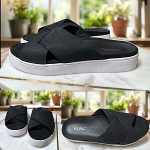 VIONIC Splendid Lou Black Leather Suede Slide Sandals Size 8 EU 39